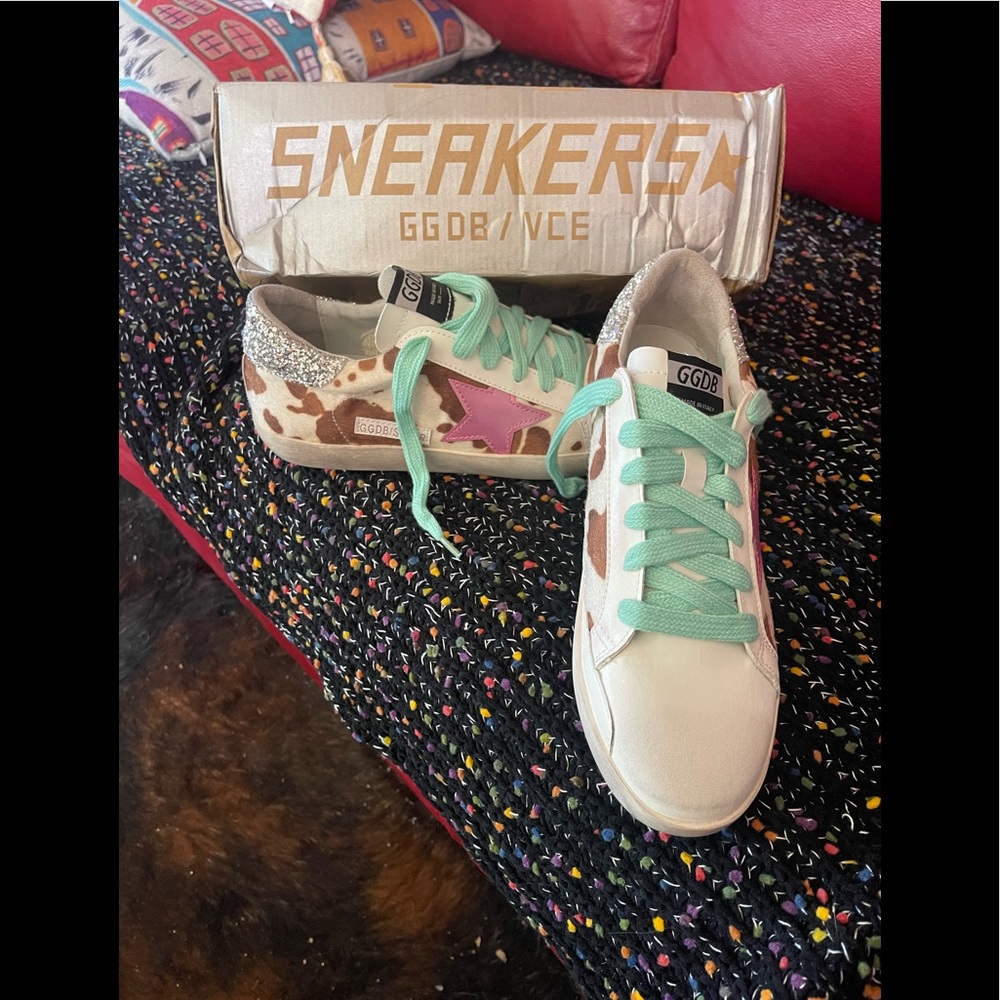 Golden Goose White Sneakers with Pink Star, Mint Laces and Silver Heel